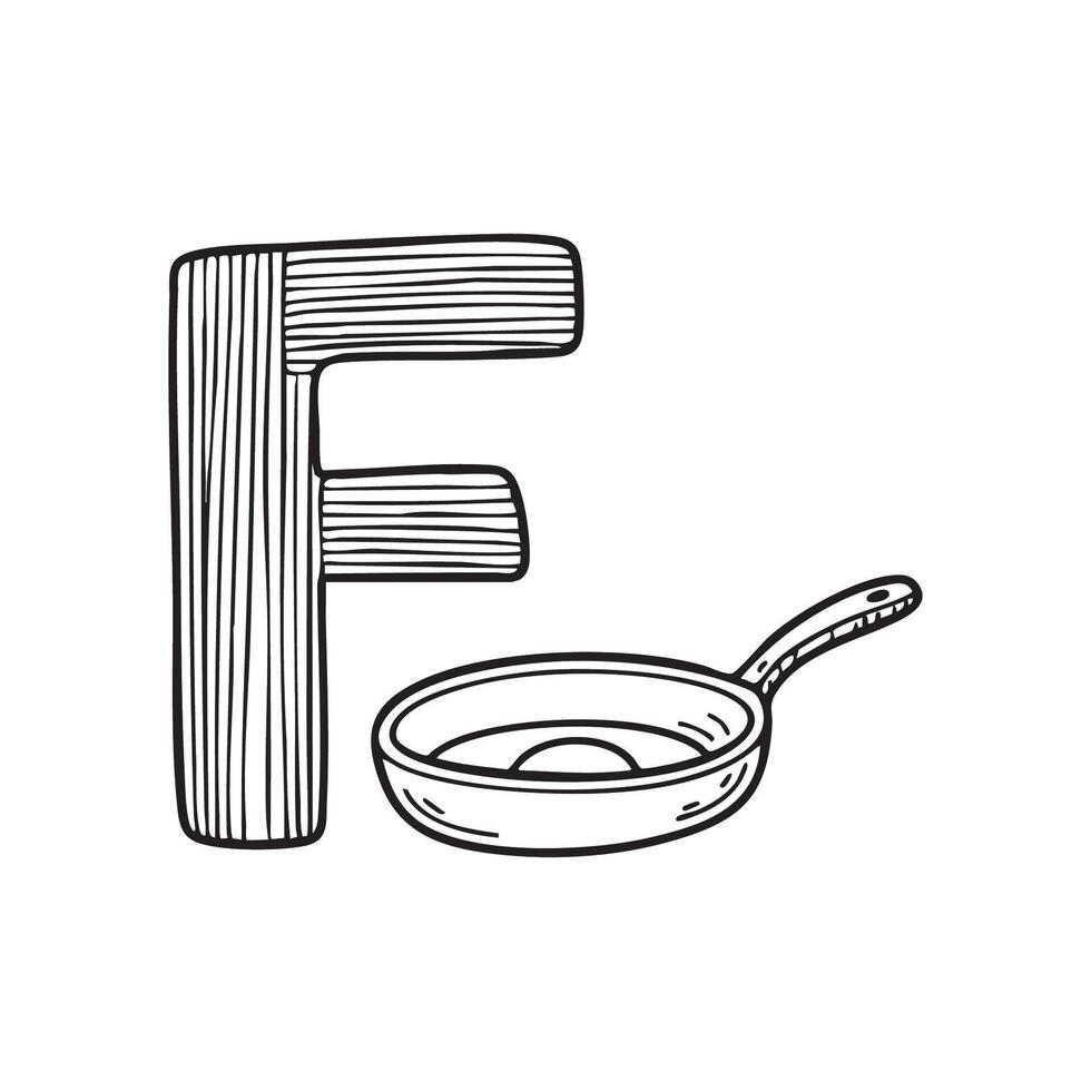An illustration of letter F beside frying pan vector