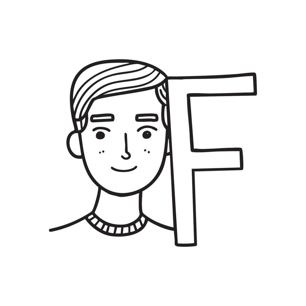 An illustration of letter F beside face vector