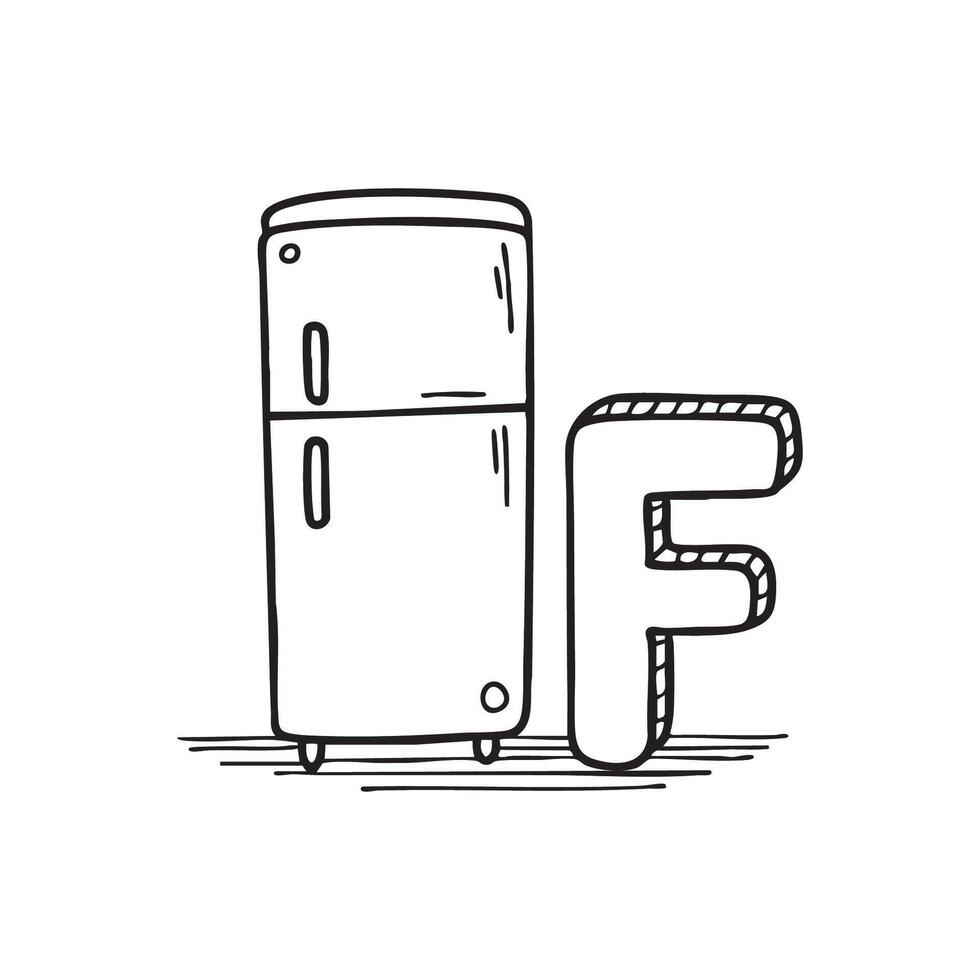 An illustration of letter F beside Fridge vector