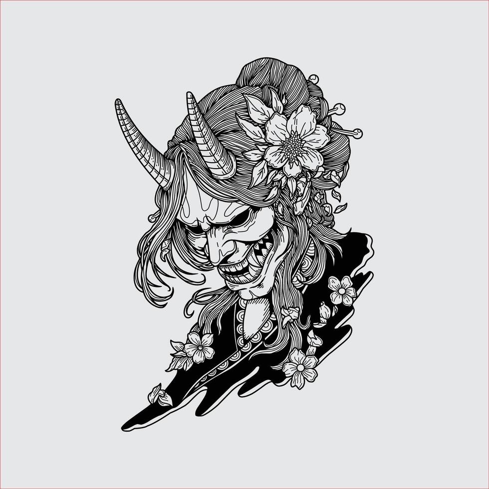 Geisha with Oni mask kimono dress hand drawn illustration artwork vector