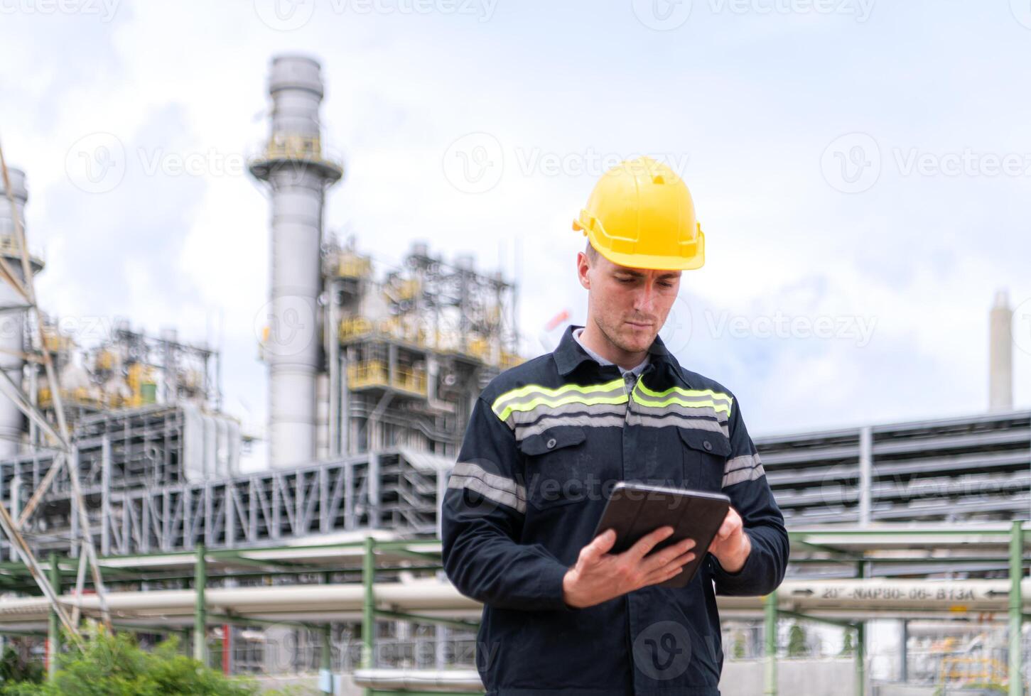 Petroleum engineer is on a mission to inspect oil distillation at a huge oil refinery photo