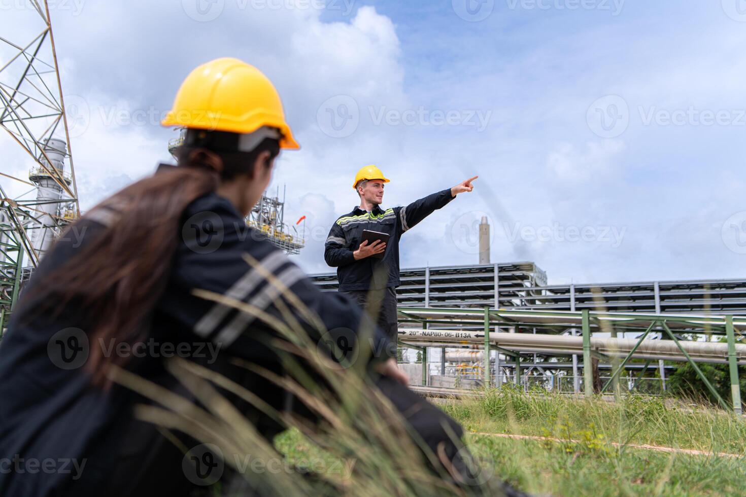 Both of Petroleum engineer is on a mission to inspect oil distillation at a huge oil refinery photo