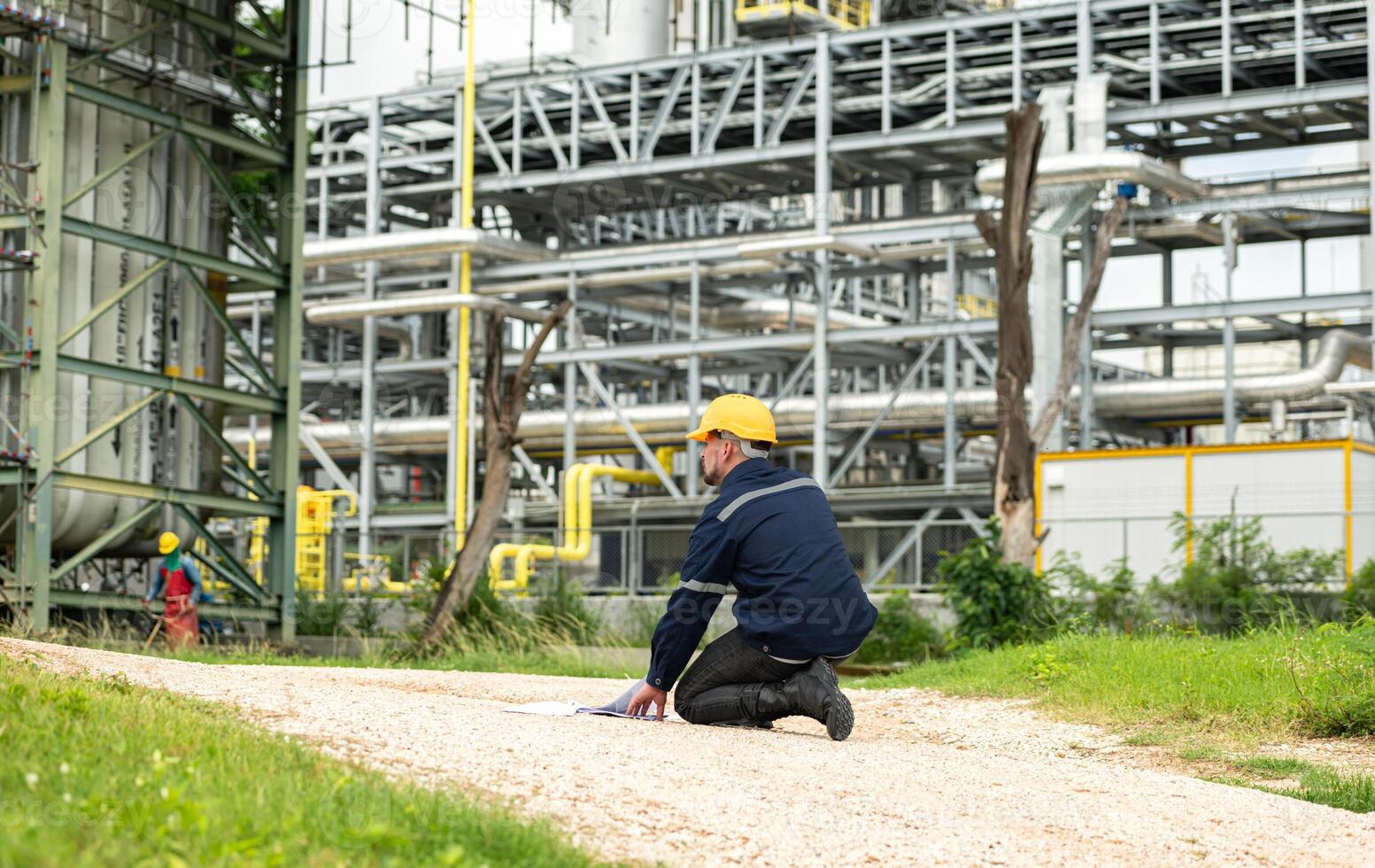 Petroleum engineer is on a mission to inspect oil distillation at a huge oil refinery photo