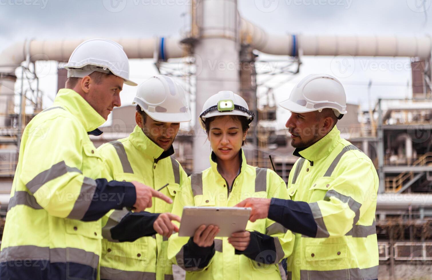 Group of Petroleum engineer is on a mission to inspect oil distillation at a huge oil refinery photo