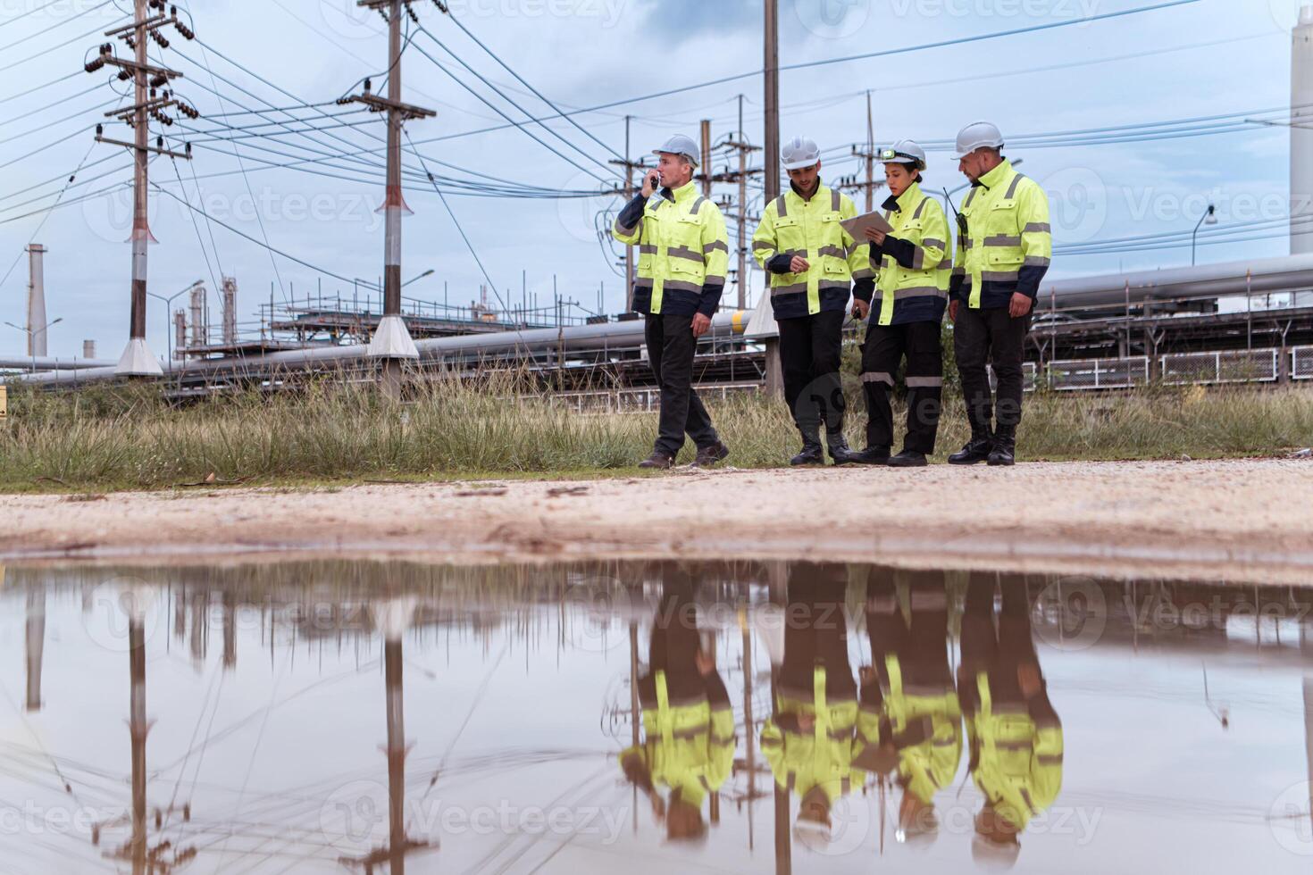 Group of Petroleum engineer is on a mission to inspect oil distillation at a huge oil refinery photo