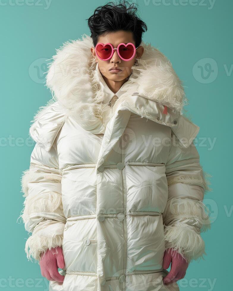 Fashion Model in Oversized White Coat with Pink Heart Sunglasses photo