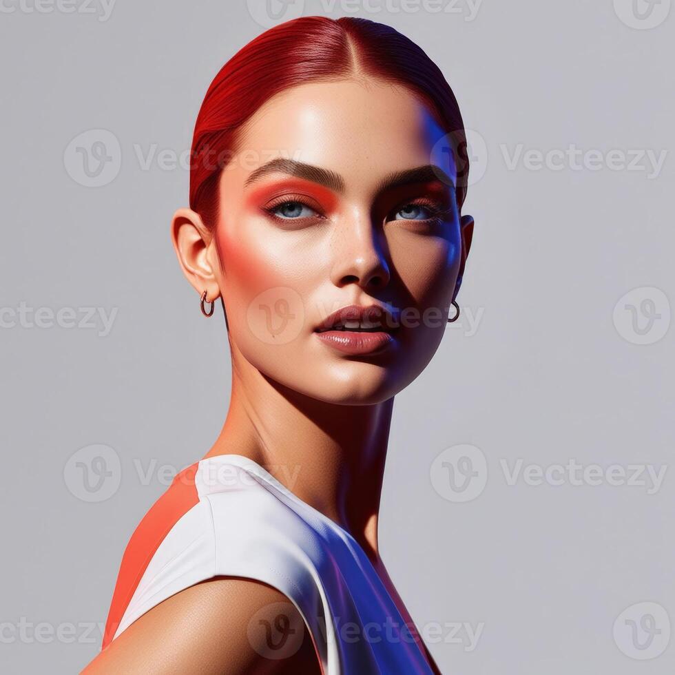 Fashion model with vibrant red hair and makeup in a studio setting photo