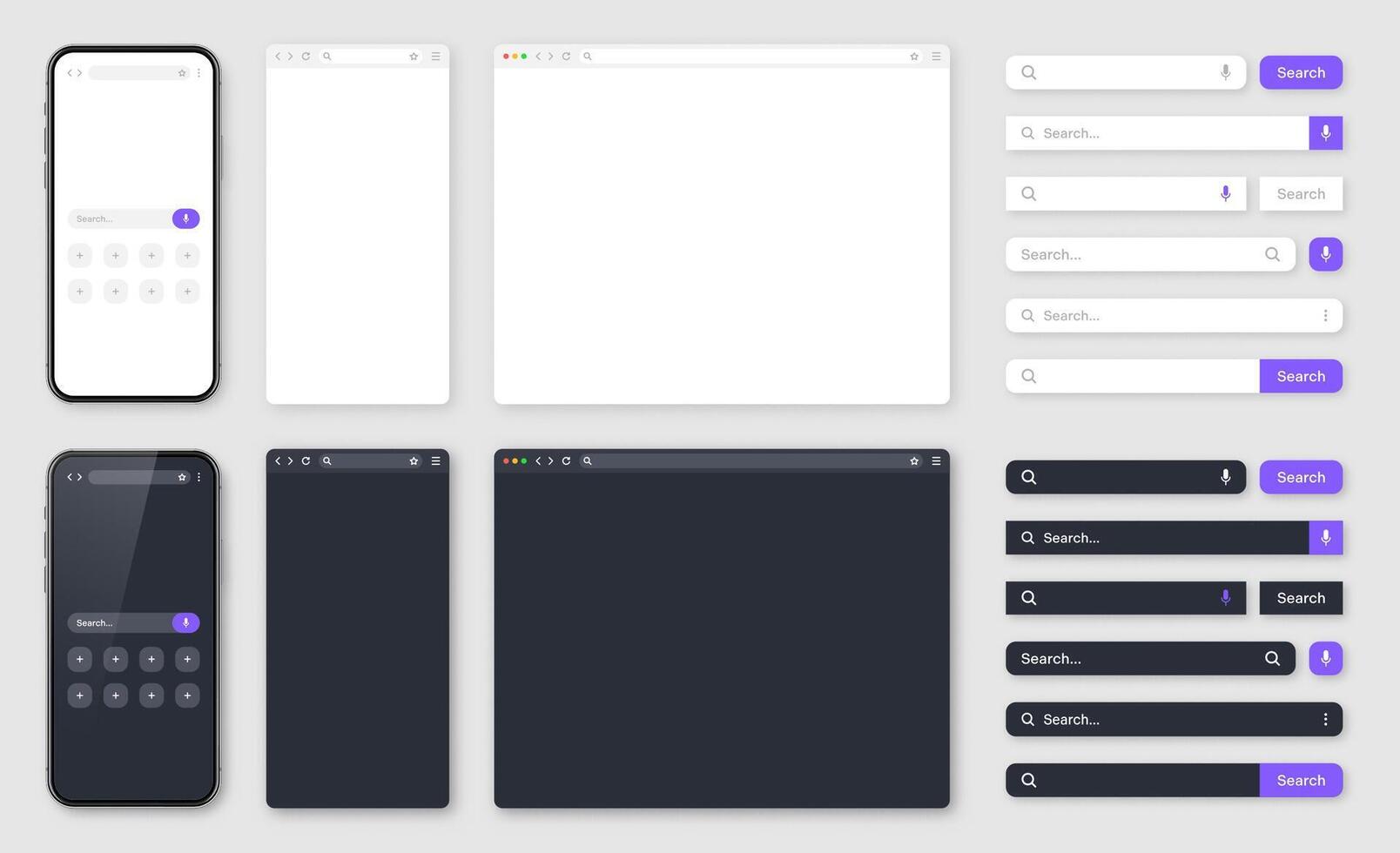 Smartphone, blank internet browser window with various search bars. Web site engine with search box, address bar and text field. UI design, website interface. Dark, light modes. illustration vector
