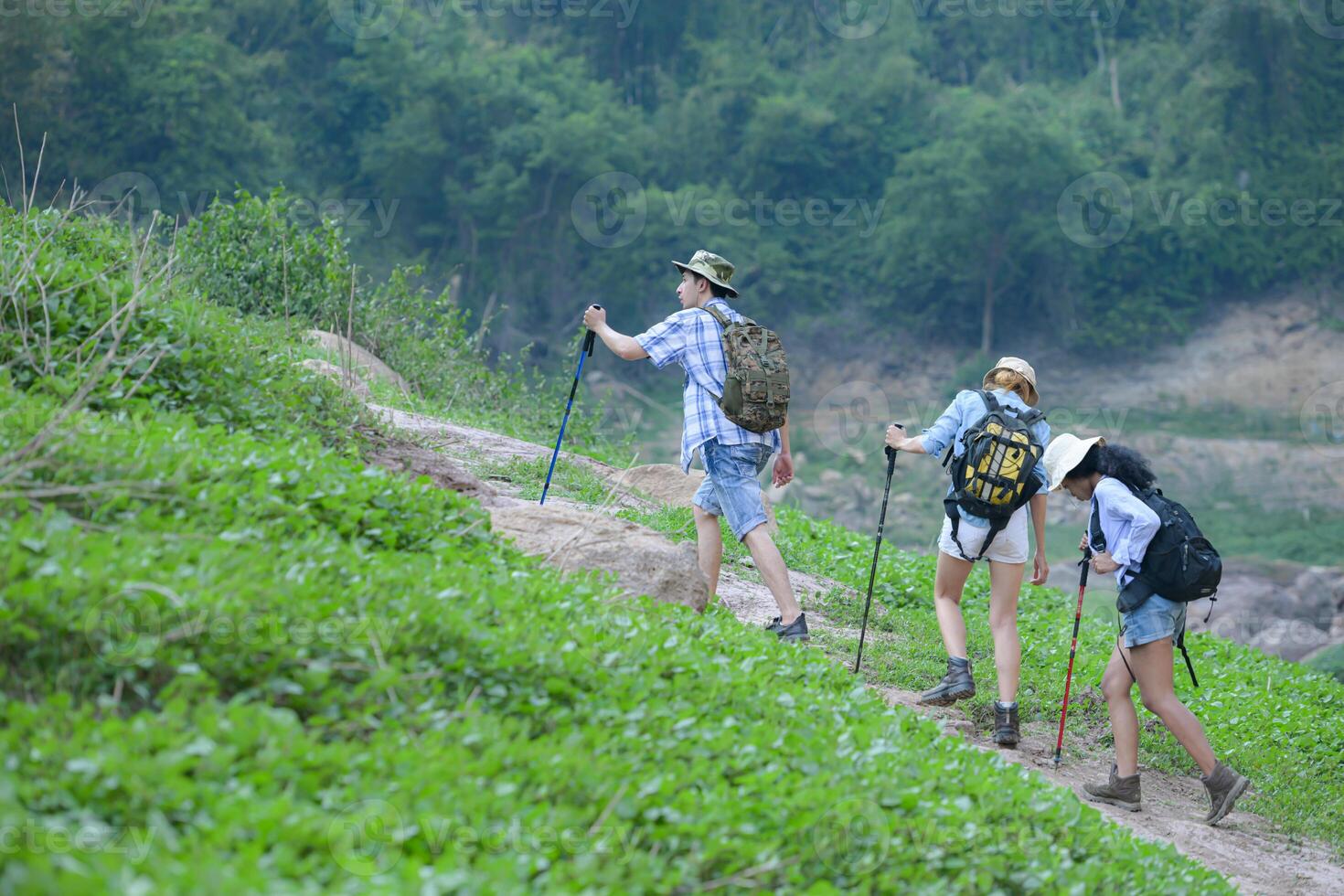 A group of friends going hiking in the streams of the tropical forest area. photo