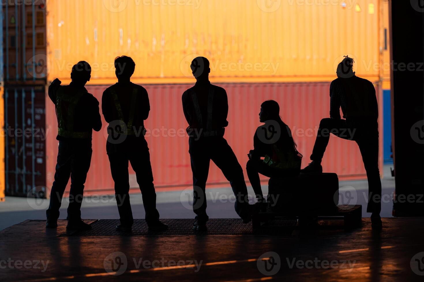 Group of warehouse employee rest comfortably during work, Silhouette concept. photo