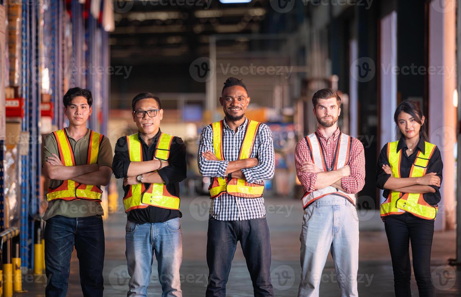Portrait of group employees in the warehouse with arms crossed photo