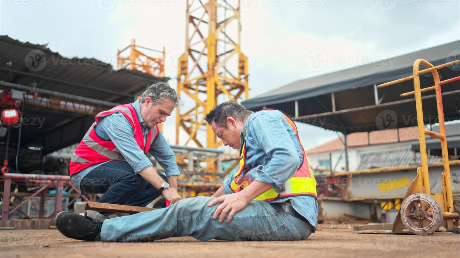 A worker on a construction site was injured when a piece of iron fell on leg photo