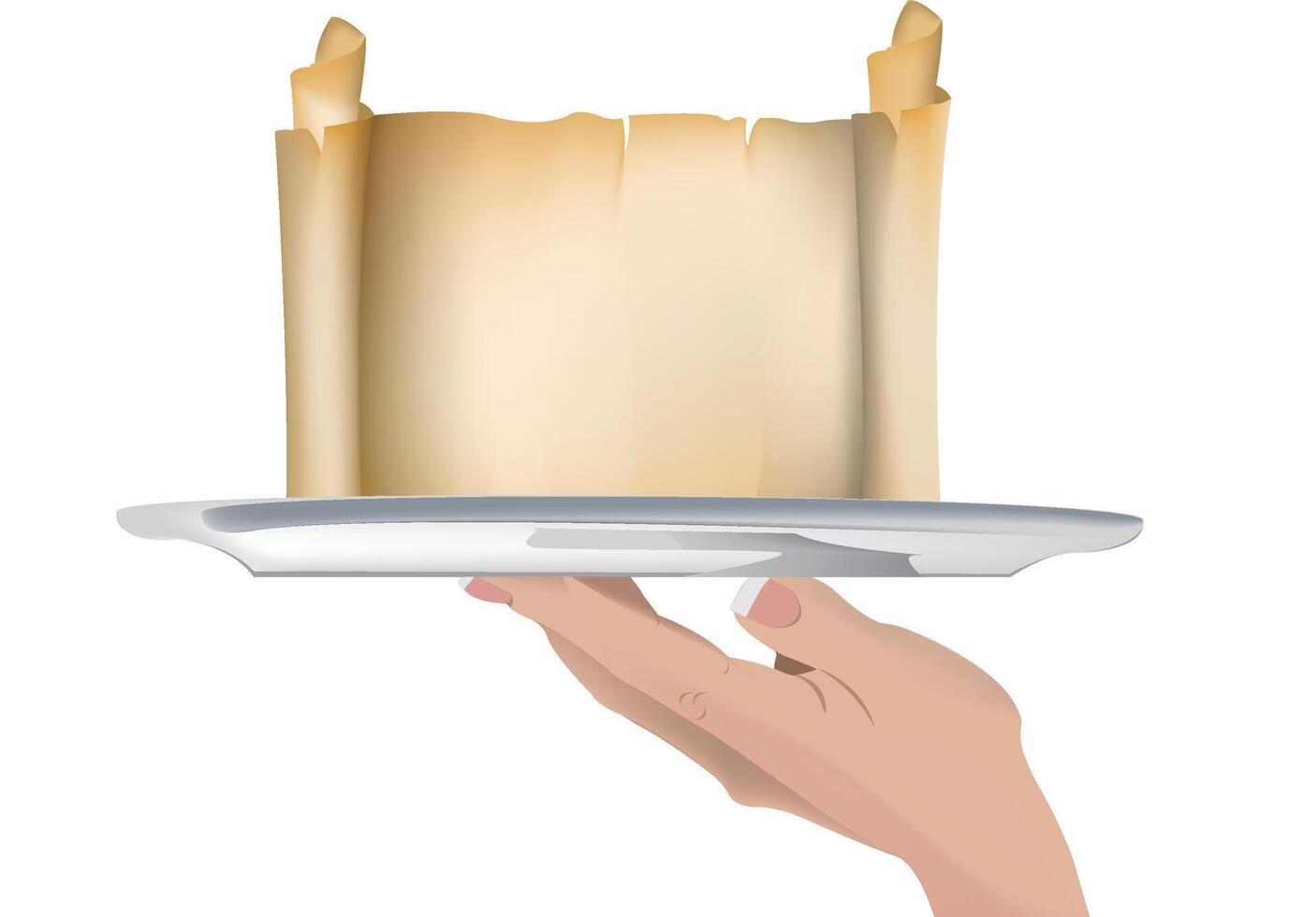 Hand holding a plate with a roll of paper vector