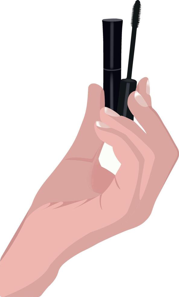 A hand holding a mascara tube and mascara brush vector