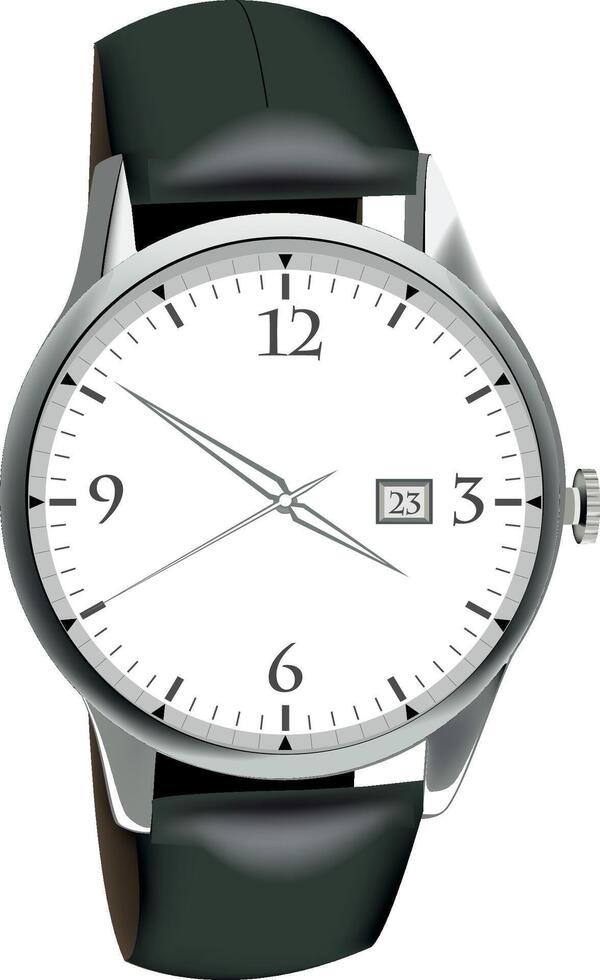 Classic wristwatch with leather strap showing the time and date vector