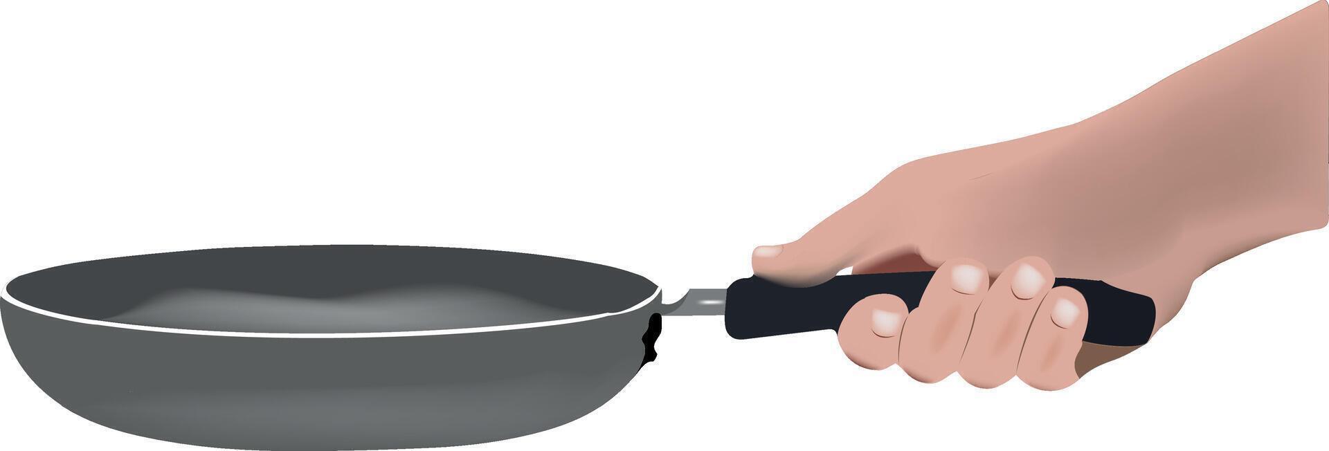 A hand holding a pan with a spoon in it vector