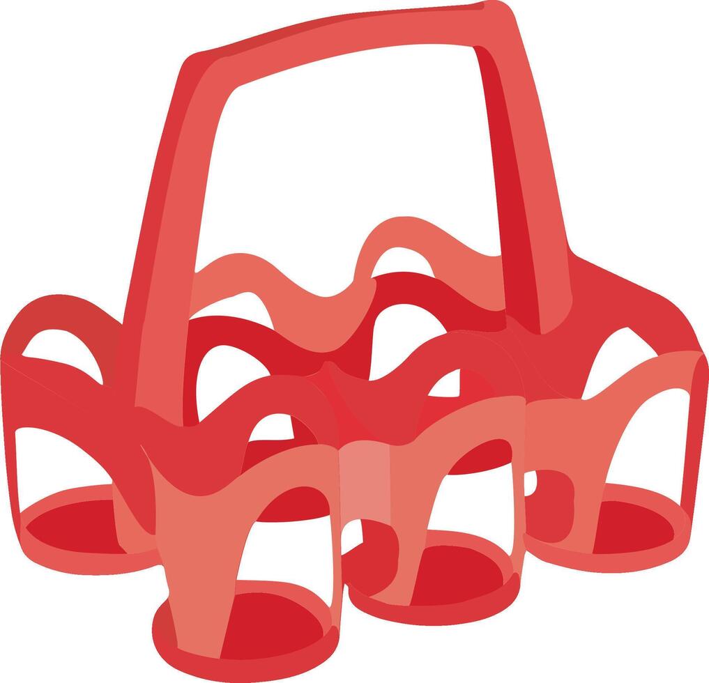Red plastic bottle carrier holding six bottles, recycling and transporting beverages vector