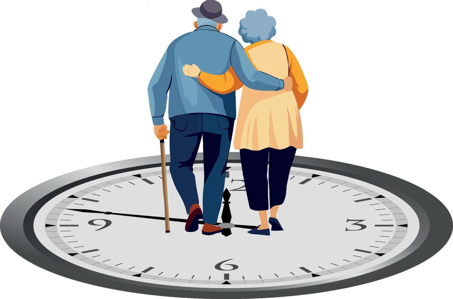 An elderly couple walking on a clock vector