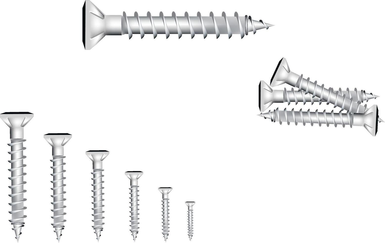 Several silver screws of different sizes forming a frame on a white background, ideal for construction and diy projects vector