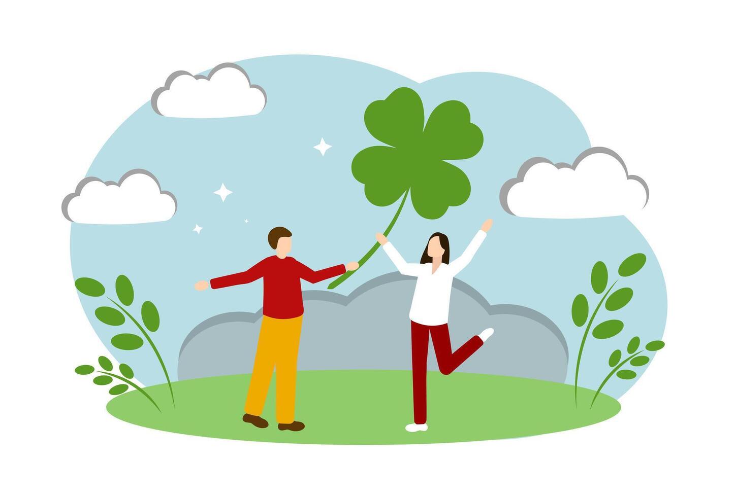 A man and a woman found a clover leaf. The emotion of joy, happiness and well-being vector