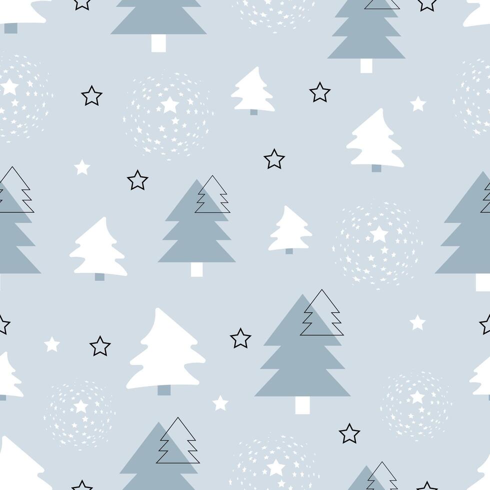 Seamless winter pattern with snow-covered forest and stars vector