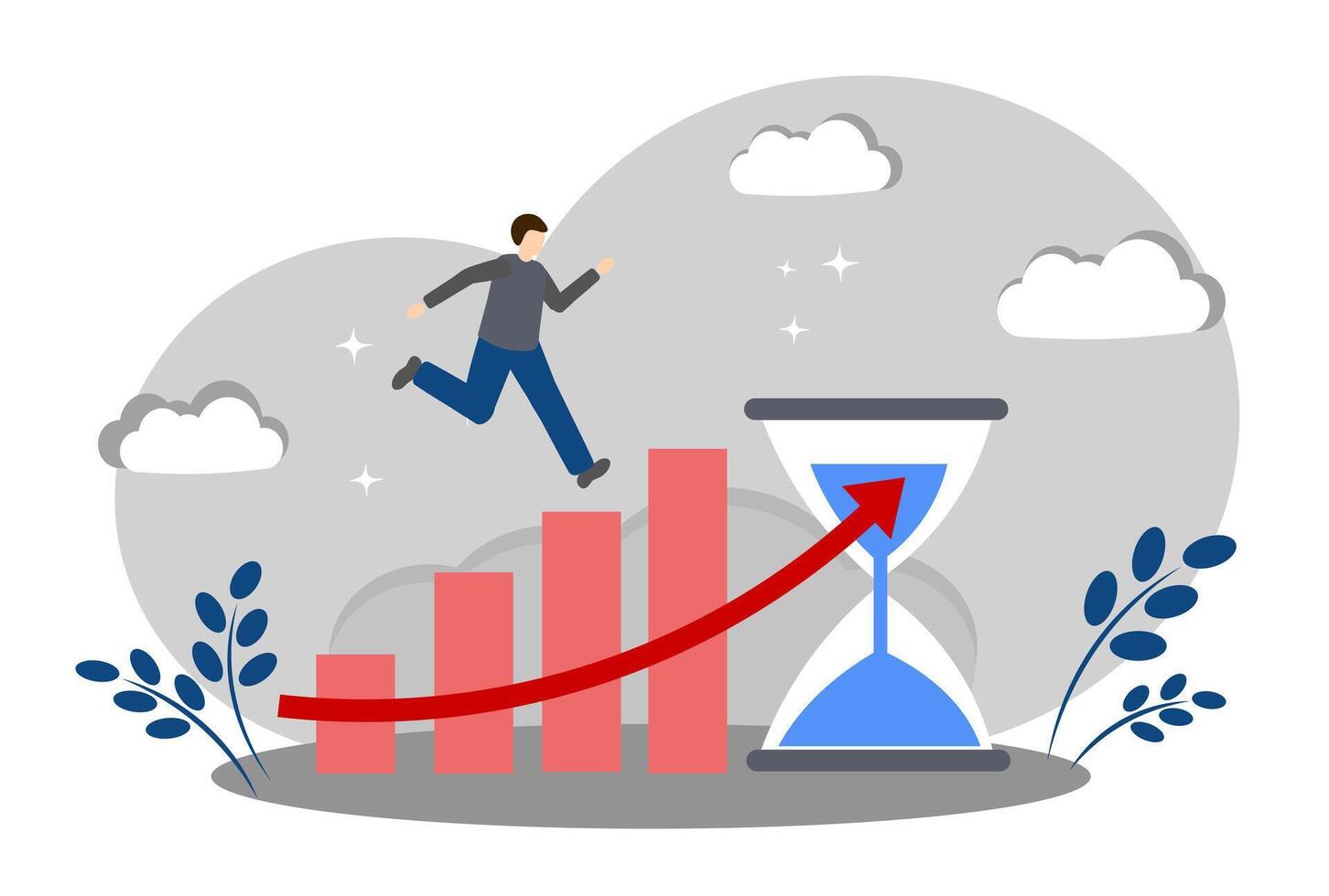 Hourglass and the concept of career growth. A man runs up the career ladder vector