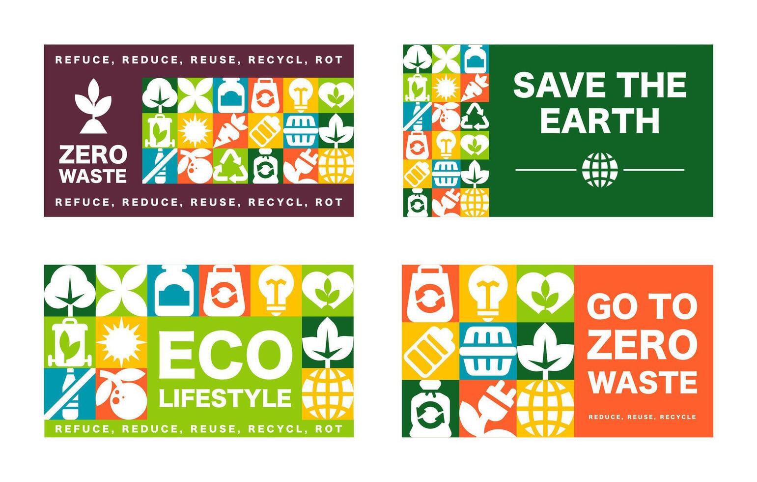 The set of card design with Zero Waste Patterns and geometric icons in a Bauhaus Eco Graphic vector