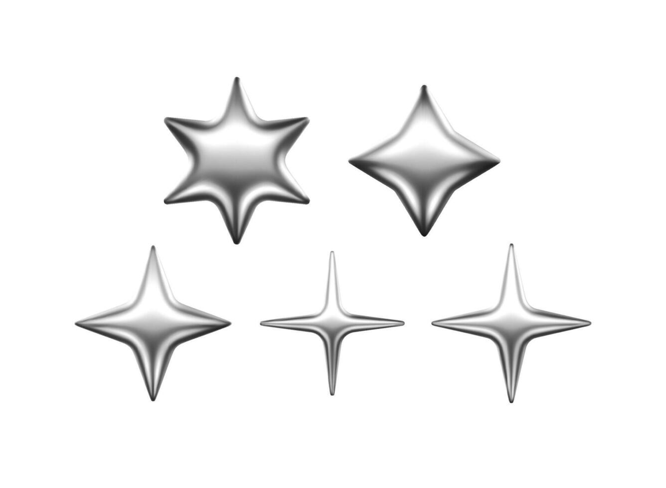 Y2K 3d Star Shapes Collection Silver Chrome Shiny Glossy Metallic Icons Realistic Illustrations Isolated On Transparent Background. Trendy graphic elements for web, UI design or Social Media vector