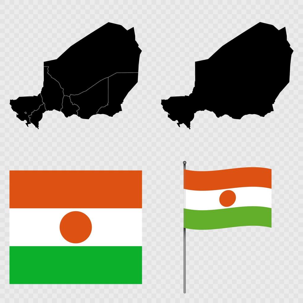 Set of maps, flag and flagpole of Niger. illustration. vector