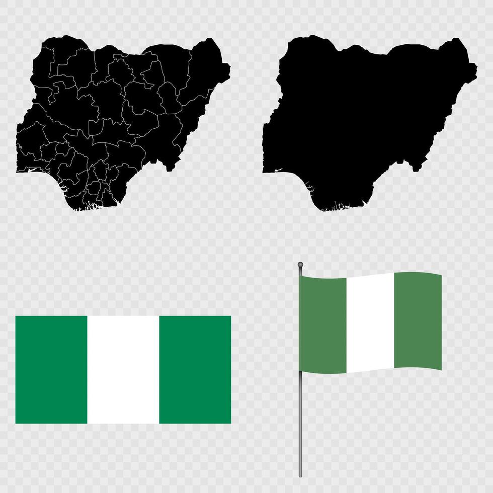 Set of maps, flag and flagpole of Nigeria. illustration. vector