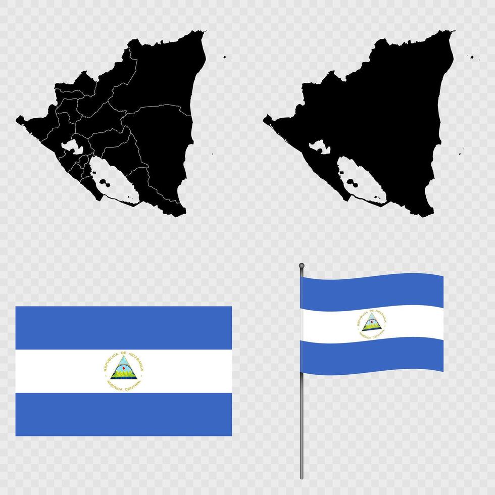 Set of maps, flag and flagpole of Nicaragua. illustration. vector