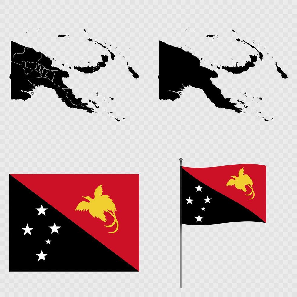 Set of maps, flag and flagpole of Papua New Guinea. illustration. vector