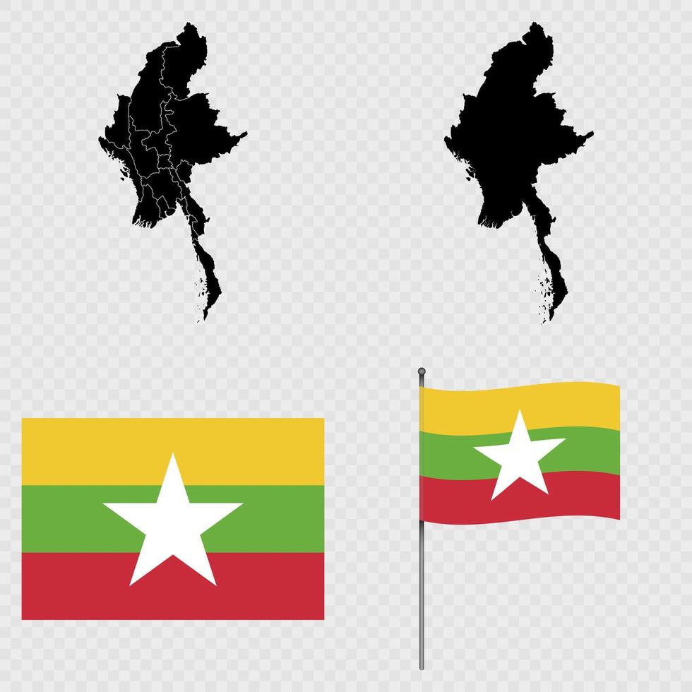 Set of maps, flag and flagpole of Myanmar. illustration. vector