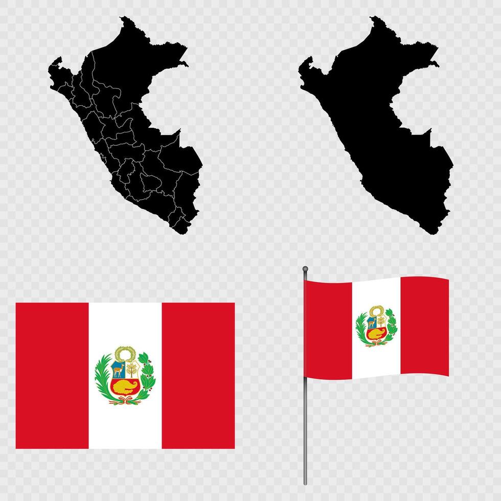 Set of maps, flag and flagpole of Peru. illustration. vector