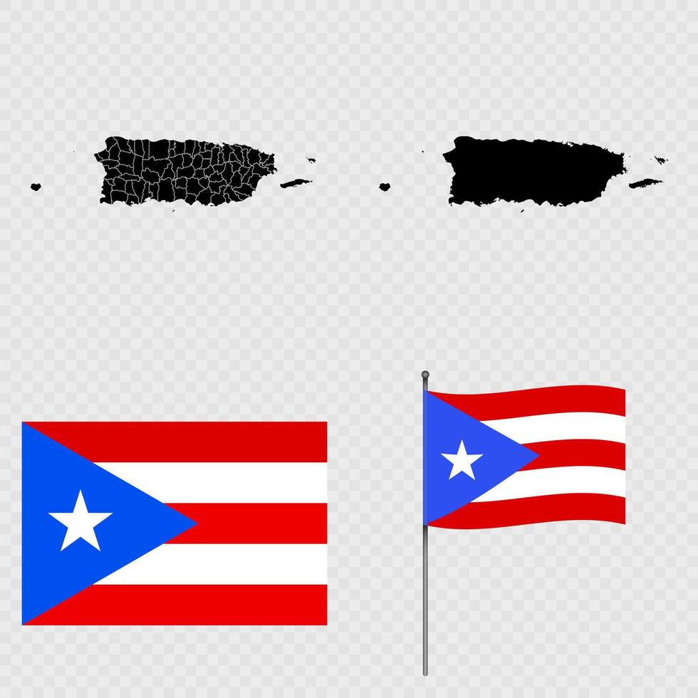 Set of maps, flag and flagpole of Puerto Rico. illustration. vector