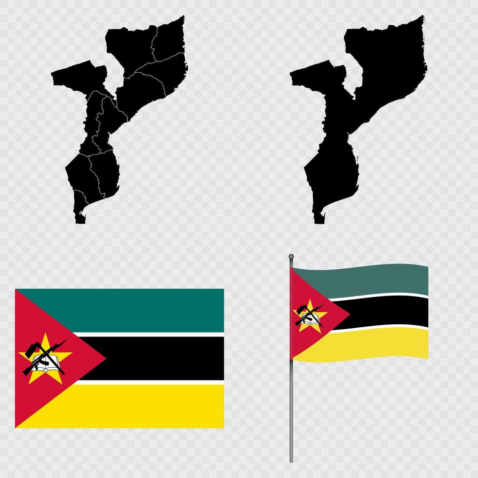 Set of maps, flag and flagpole of Mozambique. illustration. vector