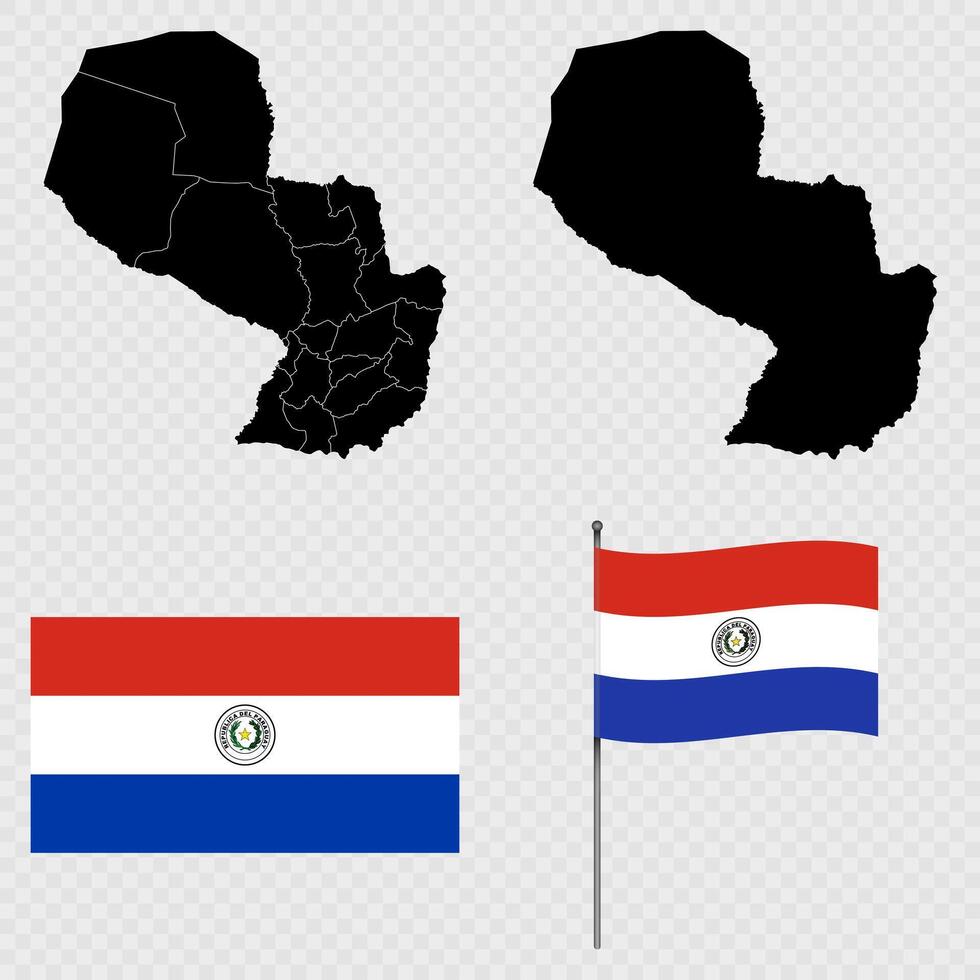 Set of maps, flag and flagpole of Paraguay. illustration. vector