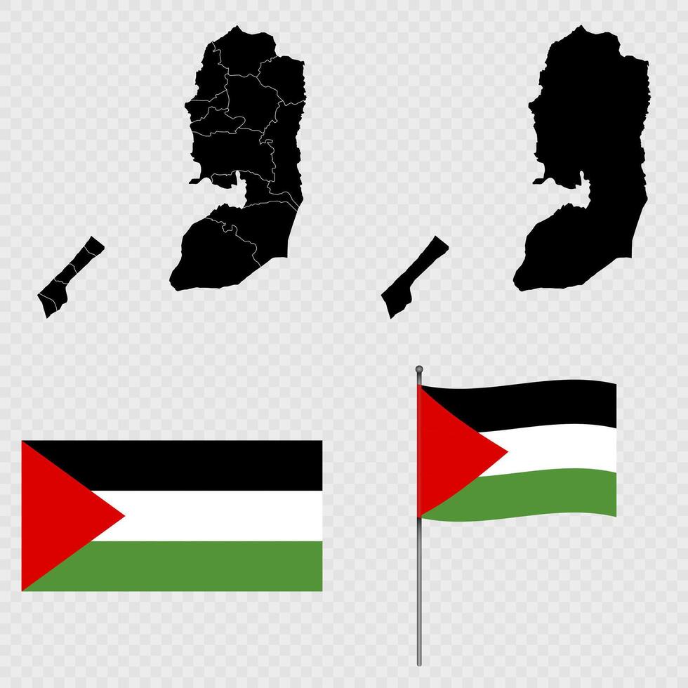 Set of maps, flag and flagpole of Palestine. illustration. vector