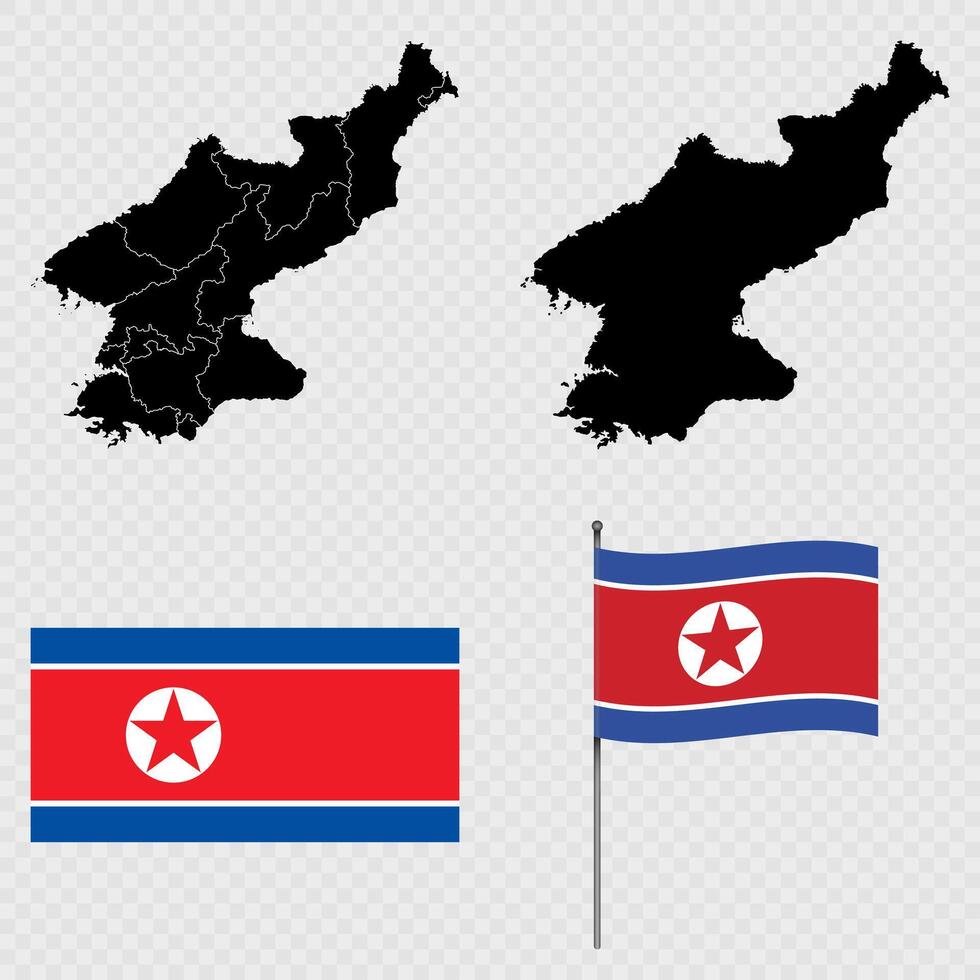 Set of maps, flag and flagpole of North Korea. illustration. vector