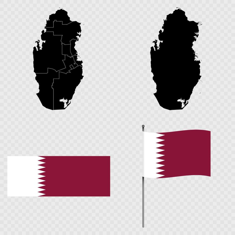 Set of maps, flag and flagpole of Qatar. illustration. vector