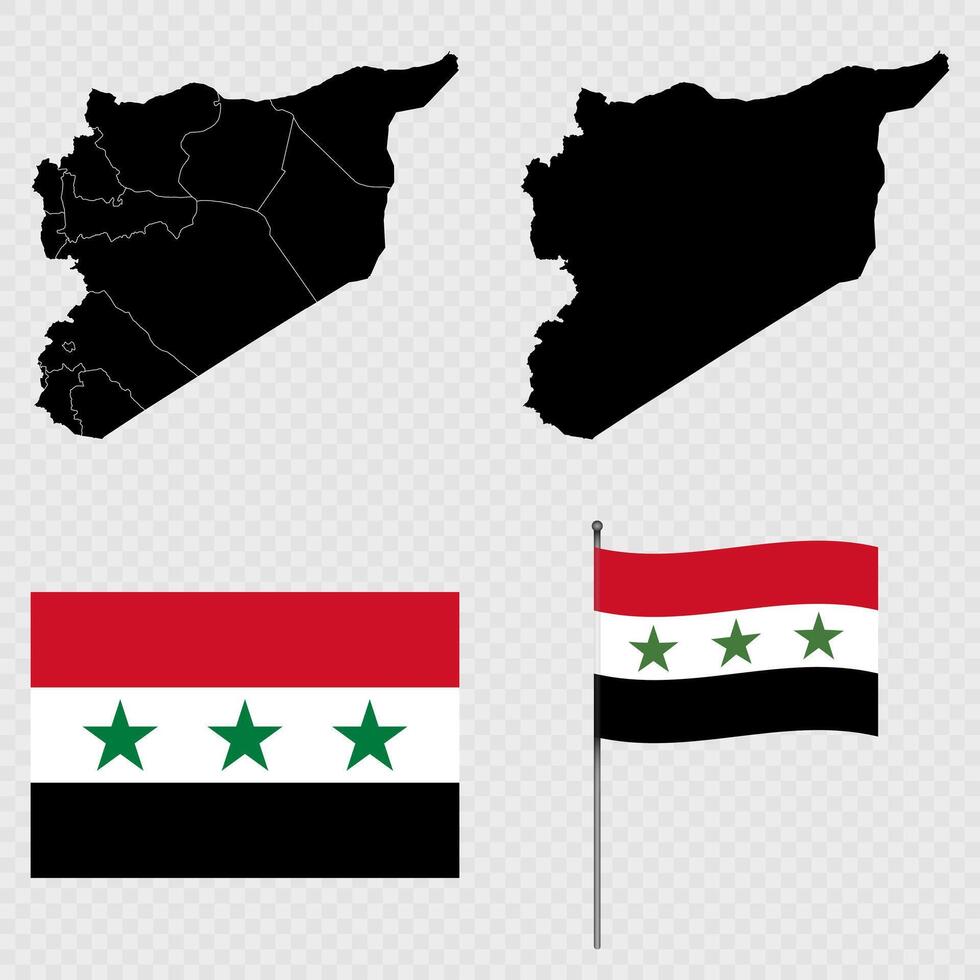 Set of map and new flag and flagpole of Syria. illustration. vector