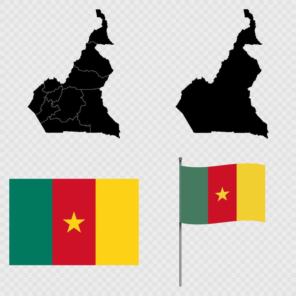 Set of maps, flag and flagpole of Republic of Cameroon. illustration. vector