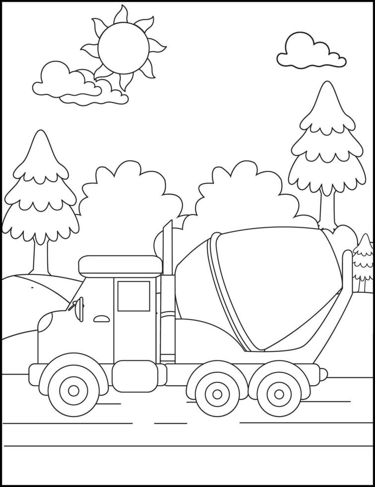 Concrete Mixer truck coloring pages with beautiful background for kids vector
