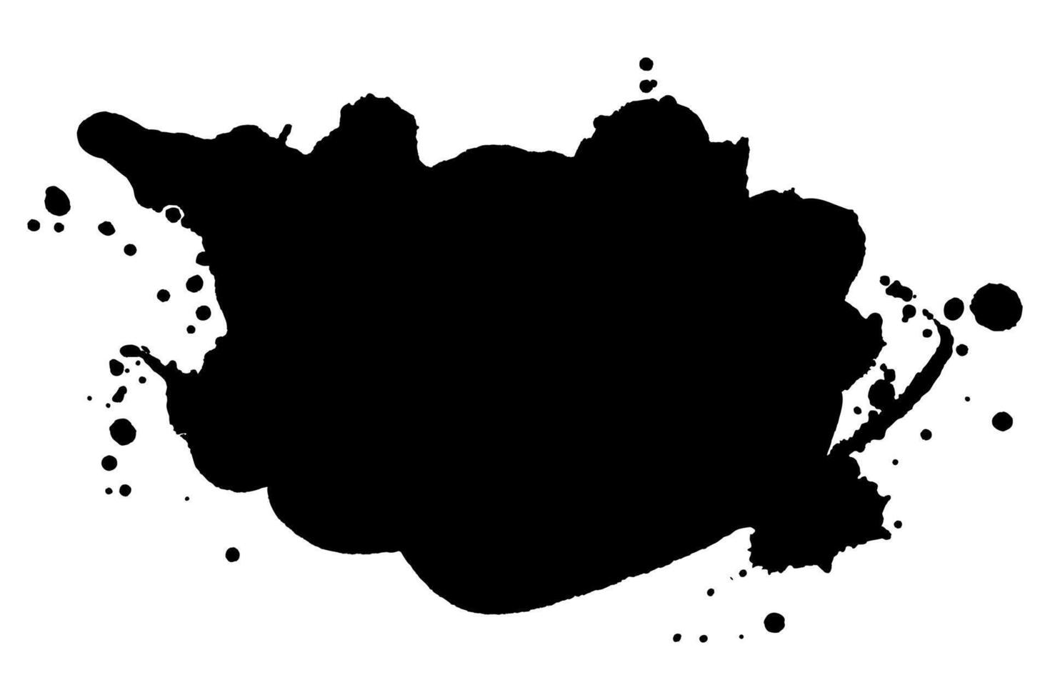 Black grunge ink splatter silhouette with paint drops. Banner design with ink splash, drops and spray stains. vector