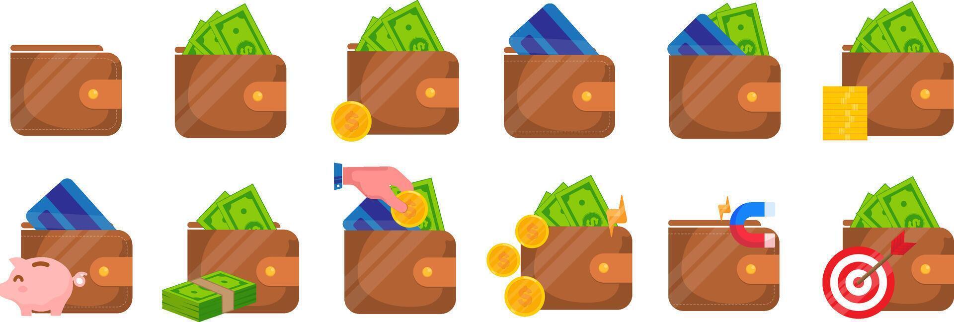 wallet icons set with money notes, coins, credit card, target, magnet, piggy bank for business planning, investing, saving vector