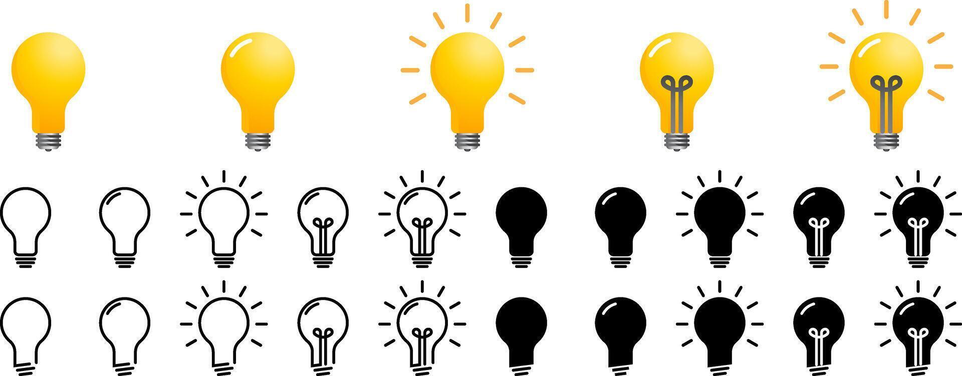 bulb icon set in editable stroke with black and realistic yellow and grey colors vector