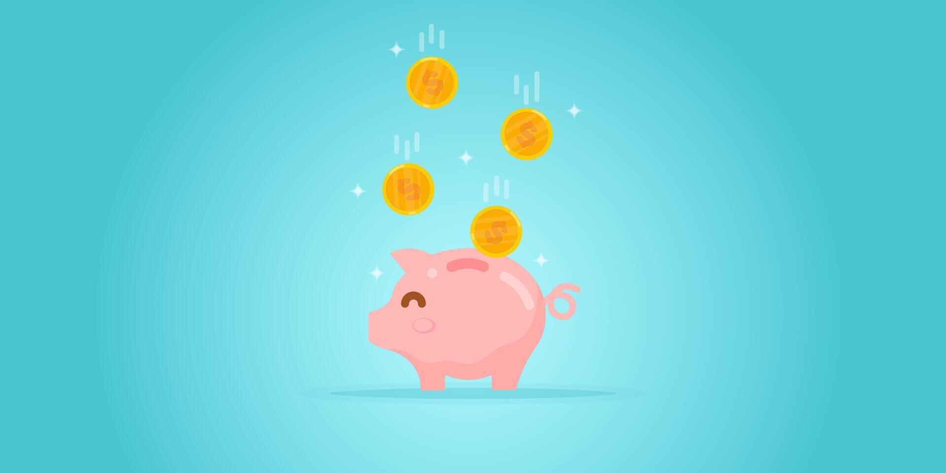 pink piggy bank with falling gold coins in blue background for saving money, investing, future planning vector
