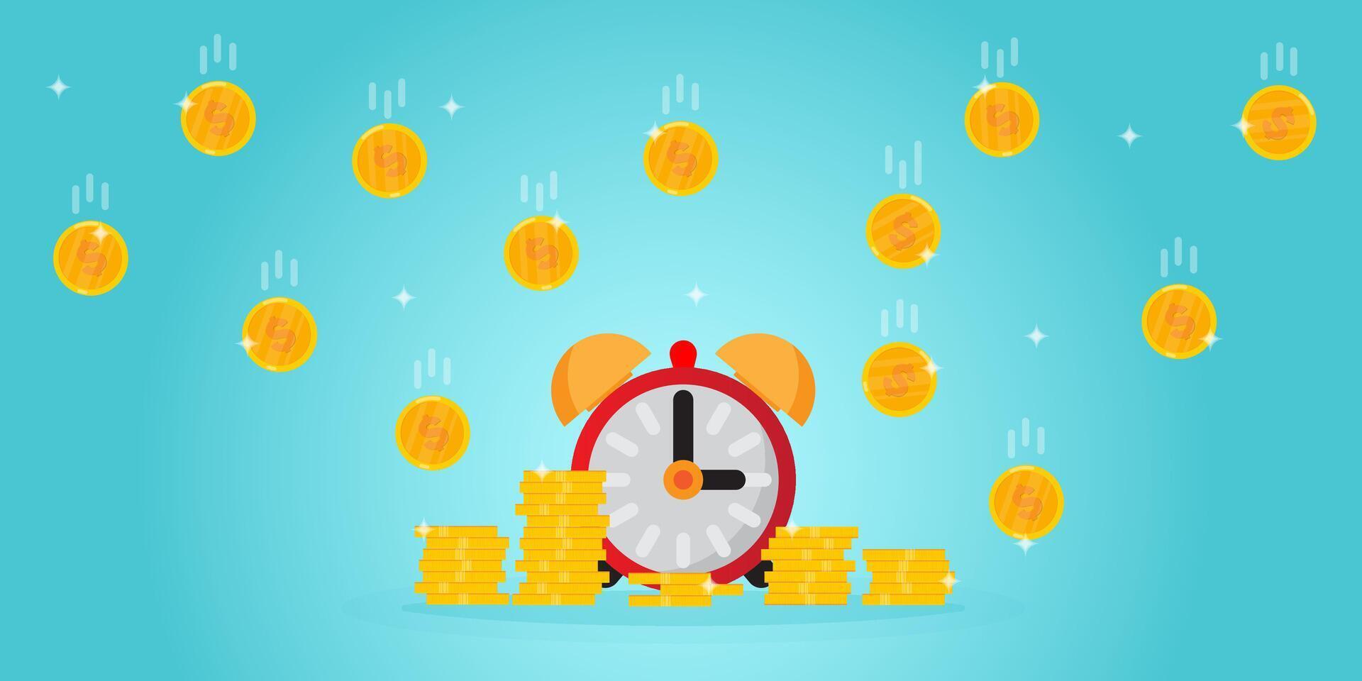 clock with money rain as passive income that generate money with time for business future planning, investing, stock market, growth business banner background vector