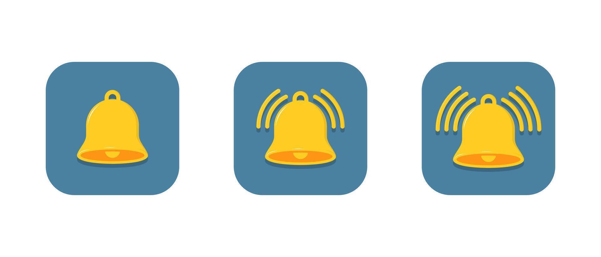 Bell flat icon set with shadow. Alarm notification, reminder sign symbol on square background vector