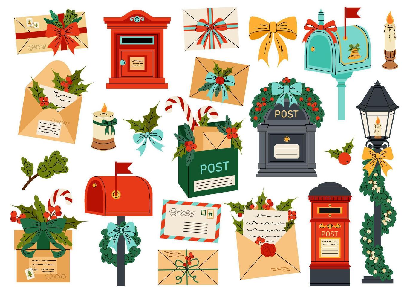 Set of flat illustrations of mailbox, letters with envelopes, street lamp, fir wreath. Christmas mail. For postcards, posters, packaging, mailing design. vector